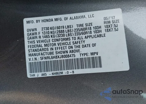 2018 Honda Odyssey Touring из США, поврежденный, VIN 5FNRL6H8XJB008475